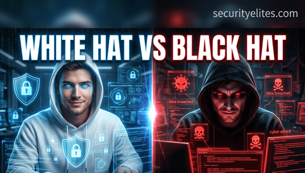 White Hat Hackers vs Black Hat Hackers cybersecurity comparison showing ethical hacker and malicious hacker