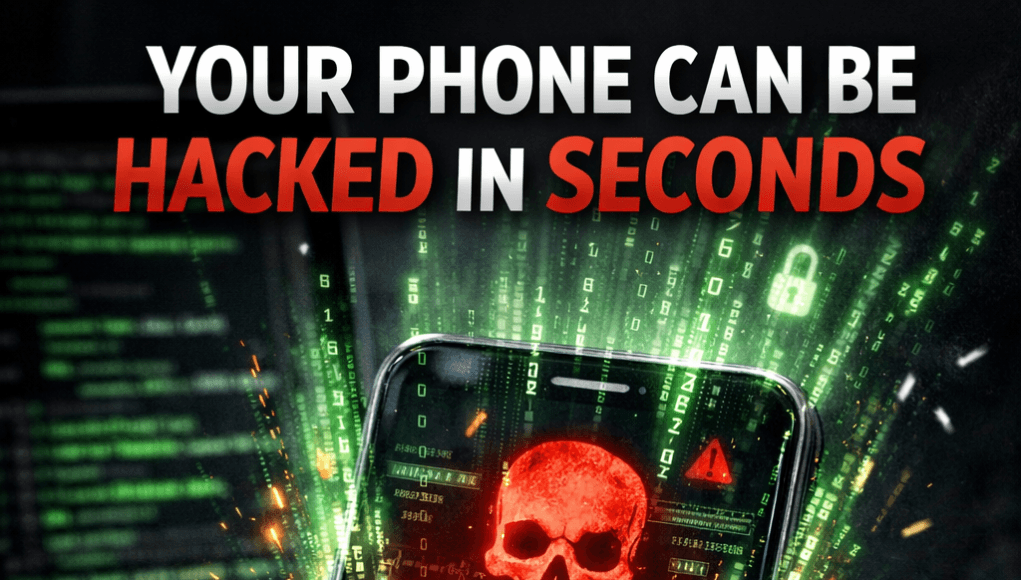 Your phone can be hacked in seconds warning screen with hacker background