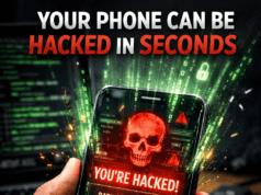 Your Phone Can Be Hacked in Seconds (2026 Reality You Can’t Ignore) Your phone can be hacked in seconds warning screen with hacker background