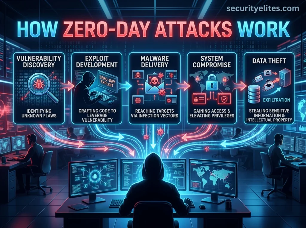 Zero day attack lifecycle diagram showing how hackers exploit vulnerabilities