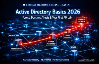 Day 23 : Active Directory Basics 2026 — Forest, Domains, Trusts & First AD Lab Active Directory basics ethical hacking 2026 forest domains trusts attack path domain admin lab