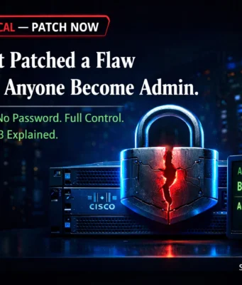 Cisco CVE-2026-20093 — CVSS 9.8 Authentication Bypass Explained: How Hackers Get Admin Access Without a Password (2026) Cisco CVE-2026-20093 authentication bypass vulnerability allowing admin access without login credentials explained with server and security breach visual