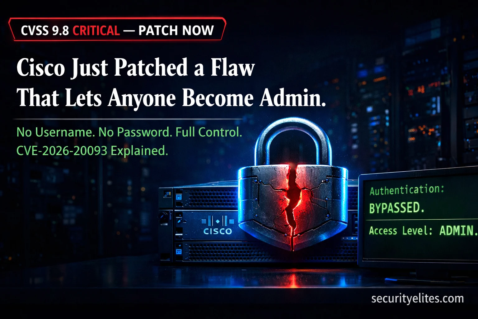 Cisco CVE-2026-20093 — CVSS 9.8 Authentication Bypass Explained: How Hackers Get Admin Access Without a Password (2026)