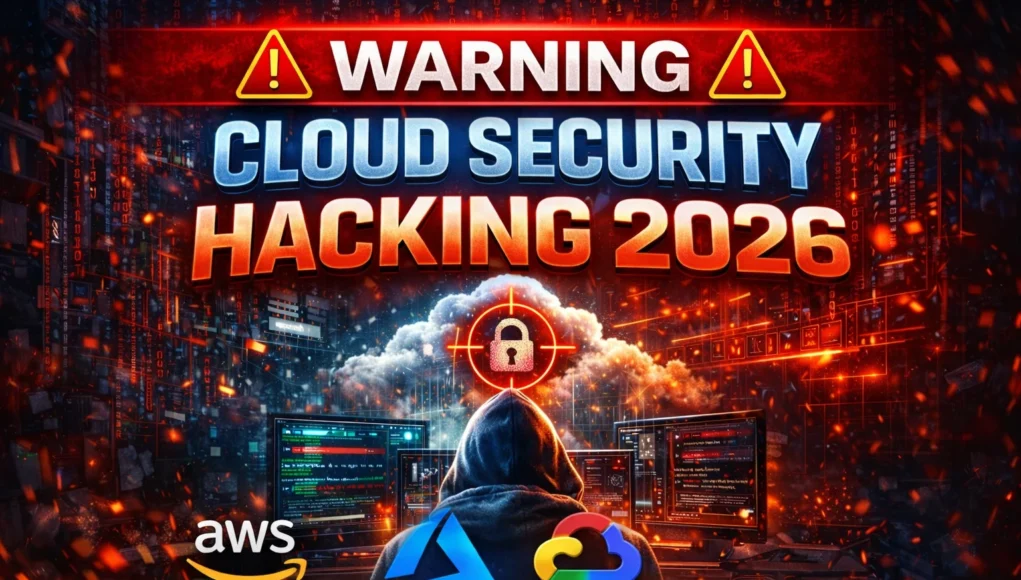 Cloud Security Hacking 2026 warning thumbnail showing AWS Azure GCP exploits and cloud attack techniques