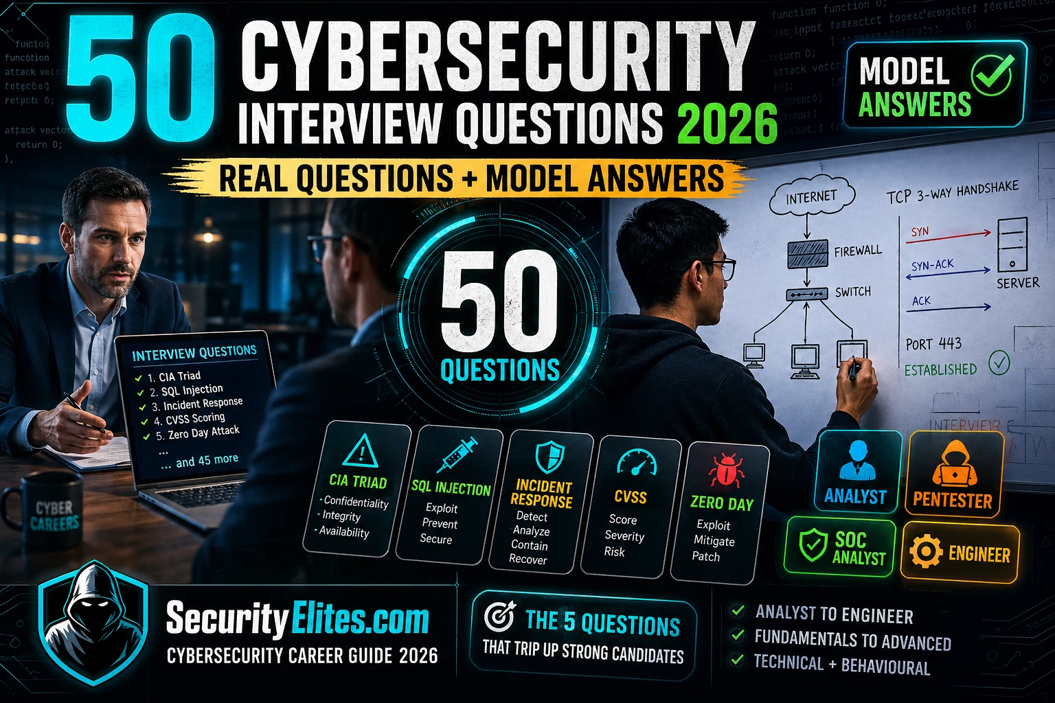 cybersecurity interview questions 2026 image 50 Cybersecurity Interview Questions 2026 — Real Questions + Model Answers