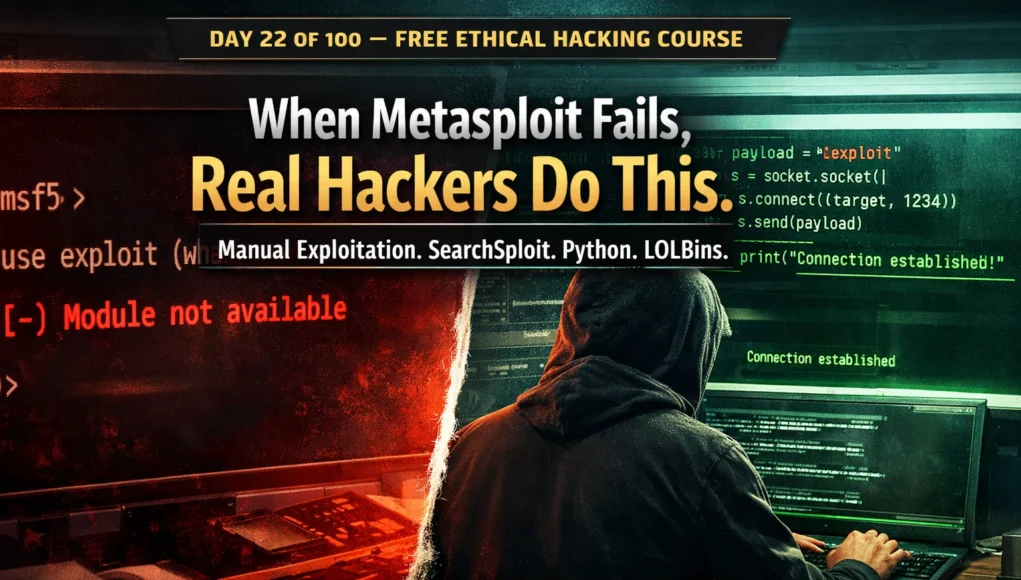 Exploitation techniques beyond Metasploit 2026 showing manual exploitation with Python scripting, SearchSploit, Exploit-DB and buffer overflow