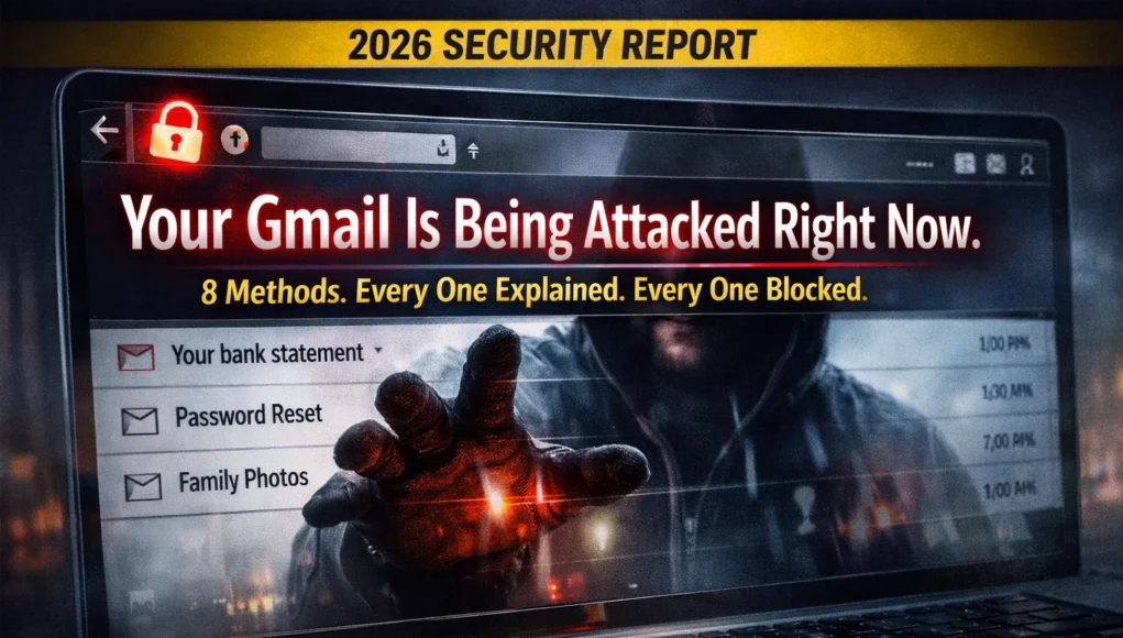 How hackers hack Gmail accounts in 2026 showing phishing, session hijacking, credential stuffing and SIM swap attacks