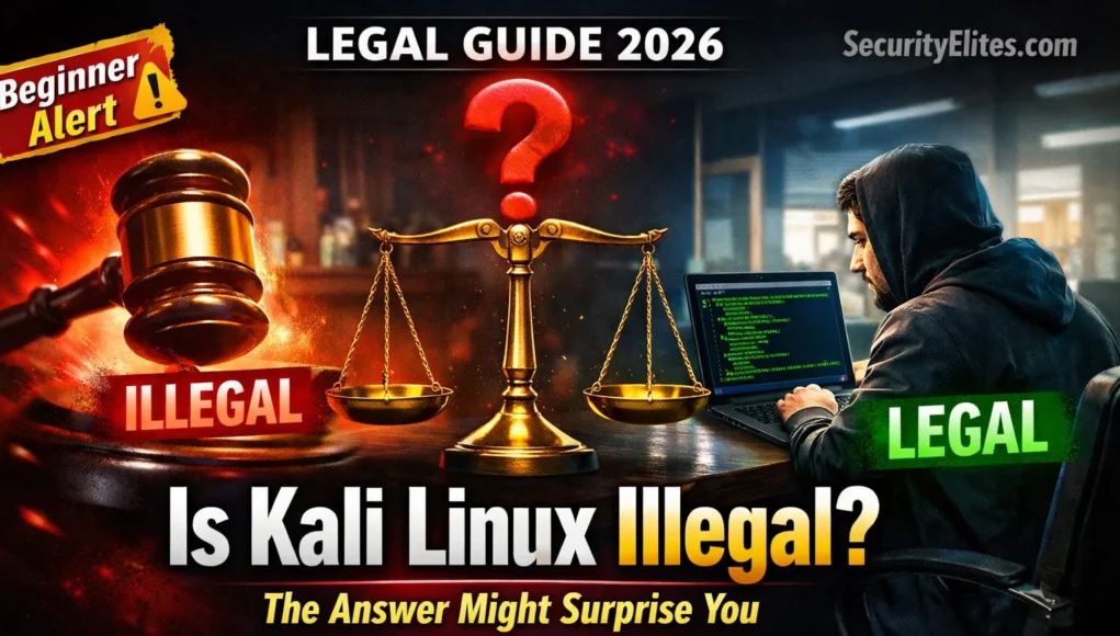 Is Kali Linux illegal in 2026 legal vs illegal ethical hacking concept with courtroom and hacker setup