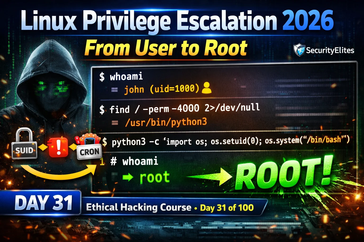 Linux Privilege Escalation 2026 — SUID, Sudo Misconfig & Cron Jobs Complete Guide | Hacking Course Day31