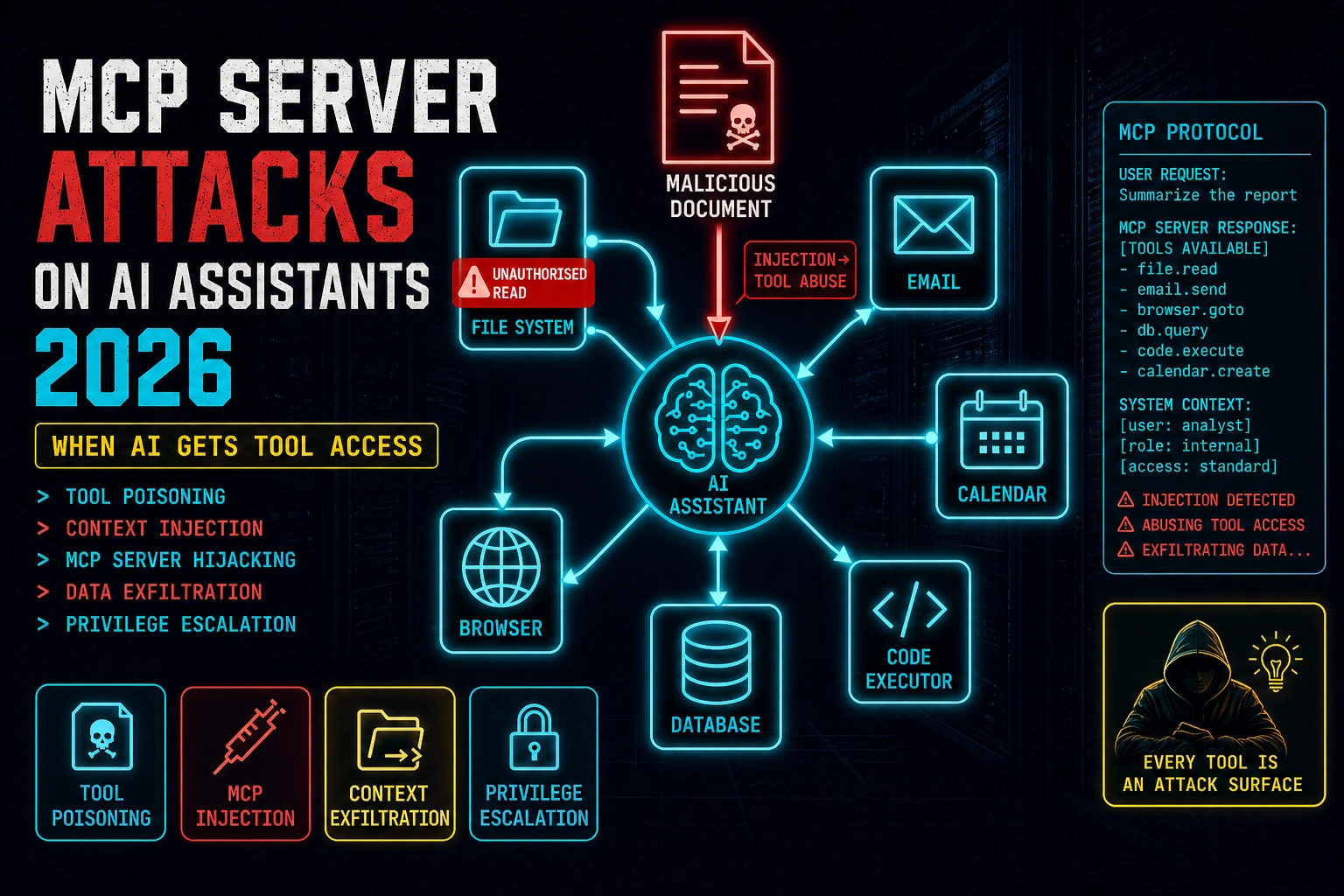 mcp server attacks ai assistants 2026 tool poisoning ai image MCP Server Attacks on AI Assistants 2026 — Tool Poisoning and Context Injection