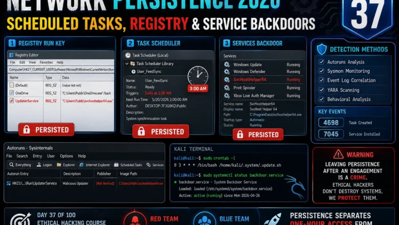 Network Persistence 2026 — Scheduled Tasks, Registry Persistence & Service Backdoors | Hacking Course Day37