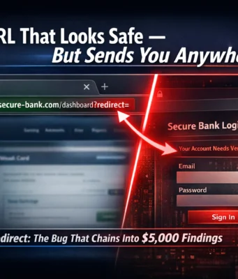 Day 11: Open Redirect Bug Bounty Hunting 2026 — Find, Chain and Report the Vulnerability That Turns $200 Bugs Into $5,000 Findings Open redirect bug bounty example showing a trusted URL with redirect parameter leading to a phishing page