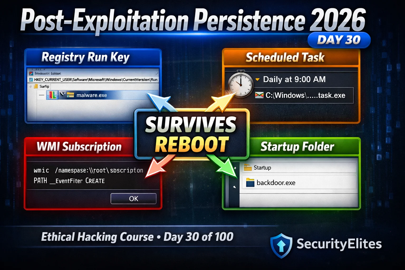 Post Exploitation Persistence 2026 — Registry, Startup Folders & WMI Subscriptions | Hacking Course Day30