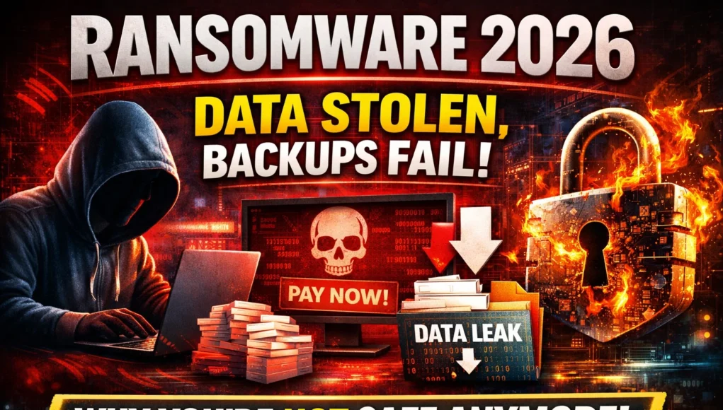 Ransomware 2026 attack showing data theft, backups failure, and modern multi extortion cyber attack