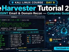 Kali Linux Day 9 : theHarvester Tutorial 2026 — OSINT Email & Domain Recon Complete Guide theHarvester tutorial 2026 showing Kali Linux OSINT tool extracting emails and subdomains with domain reconnaissance visualization