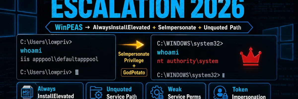 Windows Privilege Escalation 2026 — WinPEAS, AlwaysInstallElevated, Token Impersonation | Hacking Course Day 32
