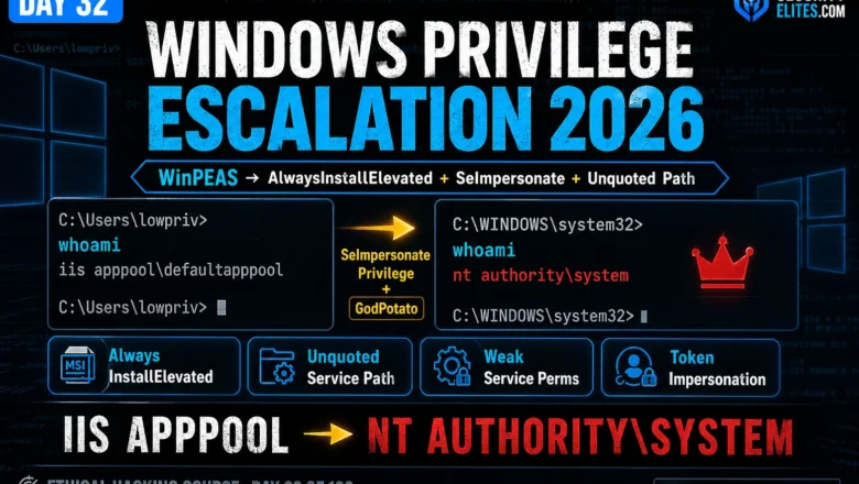 Windows Privilege Escalation 2026 — WinPEAS, AlwaysInstallElevated, Token Impersonation | Hacking Course Day 32