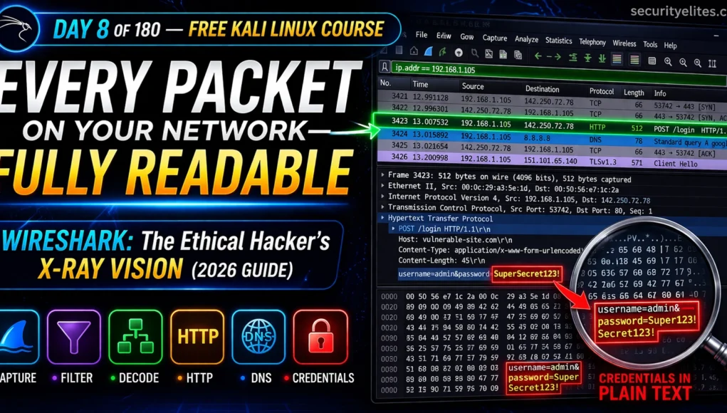 Wireshark tutorial in Kali Linux 2026 showing packet capture, HTTP credentials in plain text, DNS and TCP analysis for ethical hacking