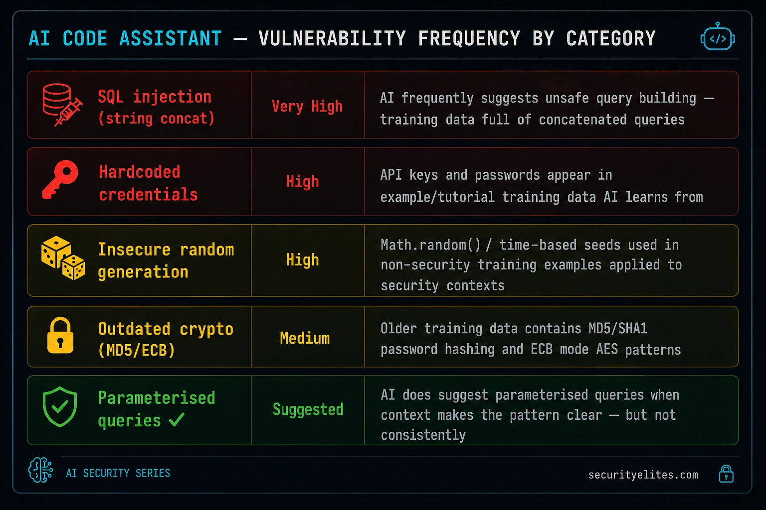 AI code assistant vulnerability frequency 2026 showing SQL injection hardcoded credentials insecure random generation and outdated crypto risks in Copilot suggestions