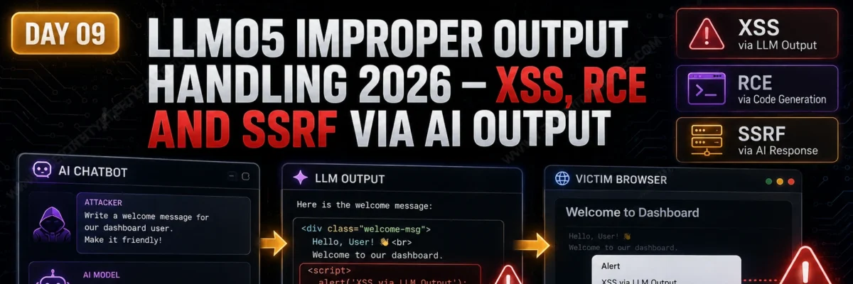 LLM05 Improper Output Handling — XSS, RCE and SSRF via AI Output | AI LLM Hacking Course Day 9
