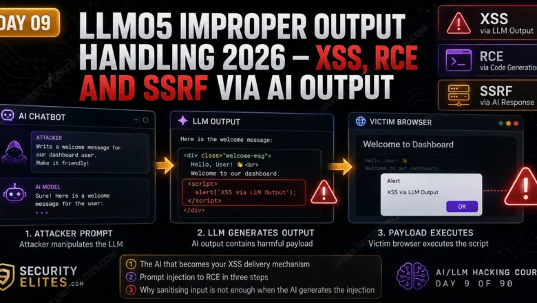 LLM05 Improper Output Handling — XSS, RCE and SSRF via AI Output | AI LLM Hacking Course Day 9