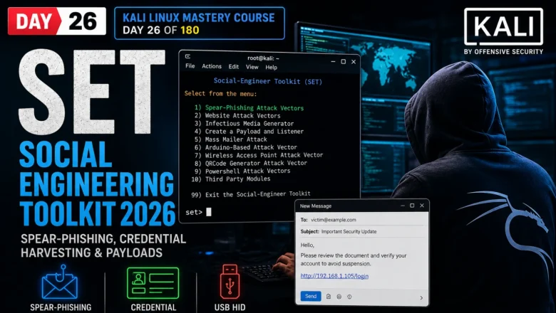 SET Social Engineering Toolkit — Spear-Phishing, Credential Harvesting & Payloads | Kali Linux Day 26