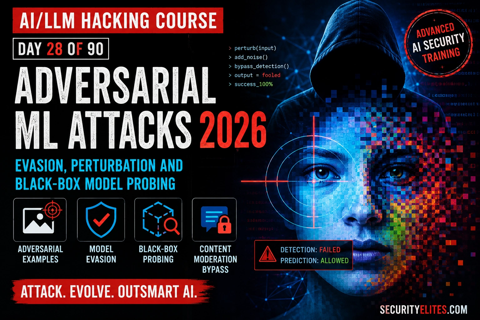 adversarial ml attacks 2026 evasion perturbation black box model probing image How to Perform Adversarial ML Attacks Testing in 2026 | AI LLM Hacking Course Day 28 of 90