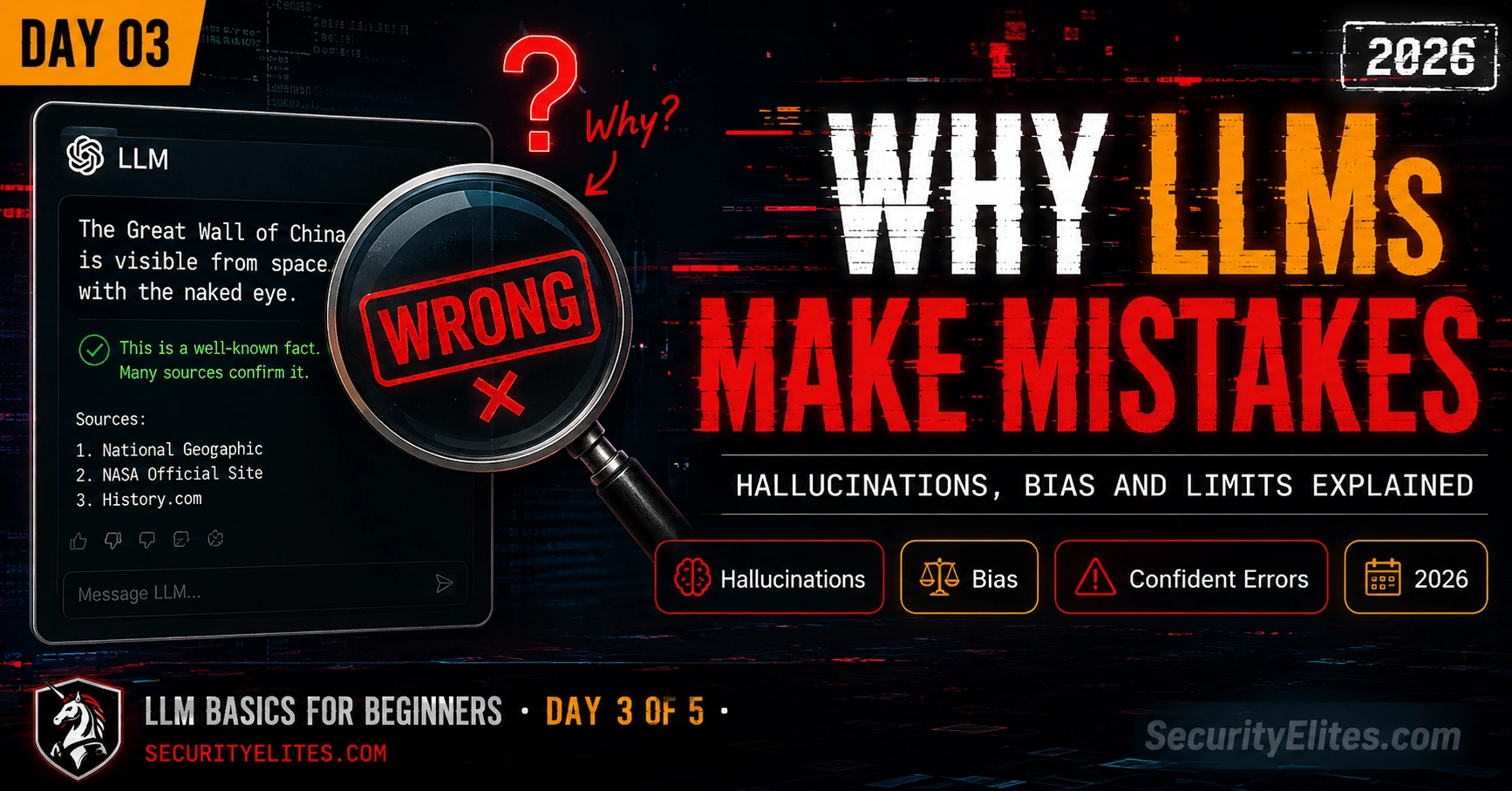 why llms make mistakes hallucinations bias limits 2026 image Why LLMs Make Mistakes — Hallucinations, Bias and Limits Explained | LLM Basics Day 3 of 5