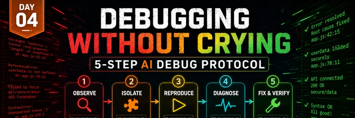 Debugging AI Code without Crying — 5-Step AI Debug Protocol | Bug Free AI APP Development Day 4 of 5
