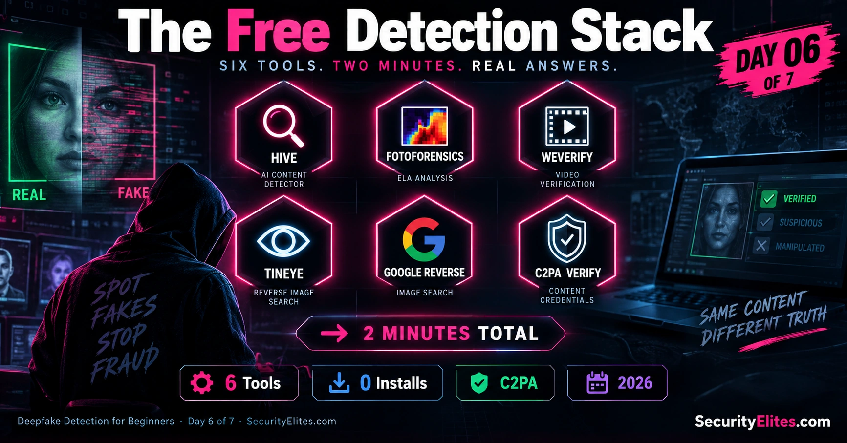 deepfake detection tools free 2026 6 tool kit image Deepfake Detection Tools Free — Complete 2026 Kit and 6-Tool Workflow | Deepfake Detection for Beginners — Day 6 of 7