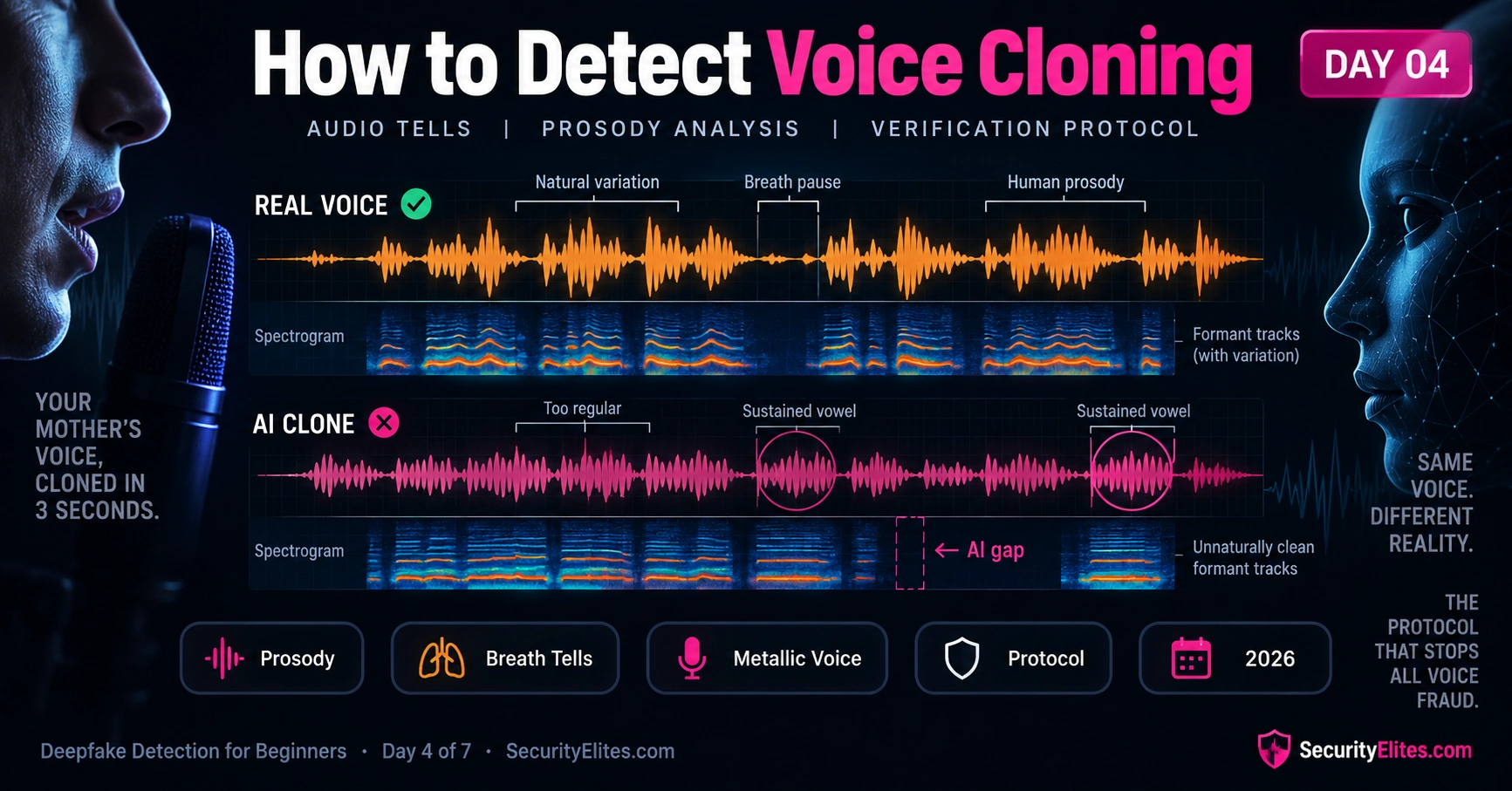 how to detect voice cloning deepfake audio day 4 image How to Detect Voice Cloning — Real 2026 Full Guide | Deepfake Detection for Beginners — Day 4 of 7