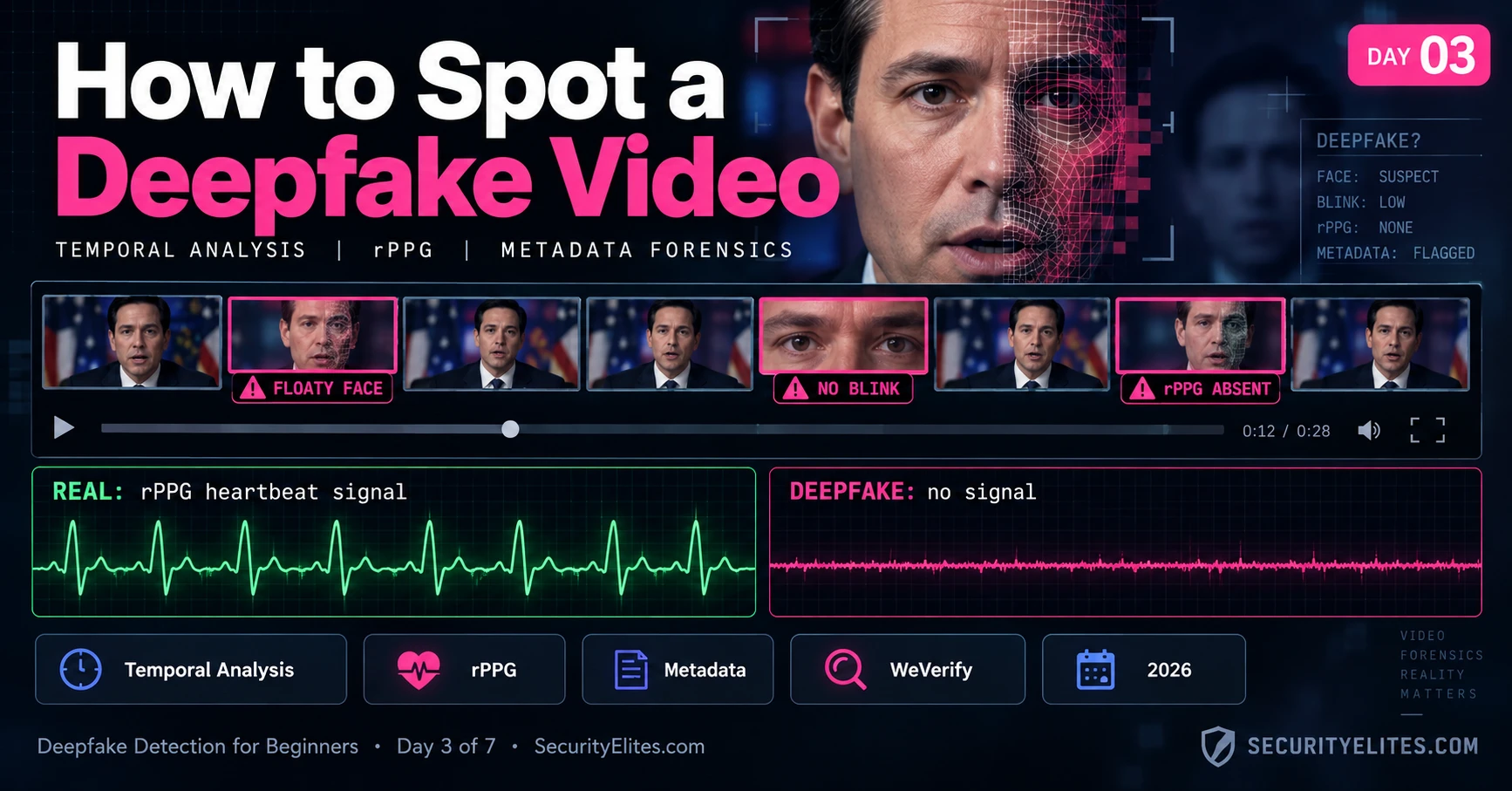 how to spot a deepfake video temporal analysis rppg metadata image How to Spot Deepfake Video — Real Complete 2026 Guide | Deepfake Detection for Beginners Day 3 of 7