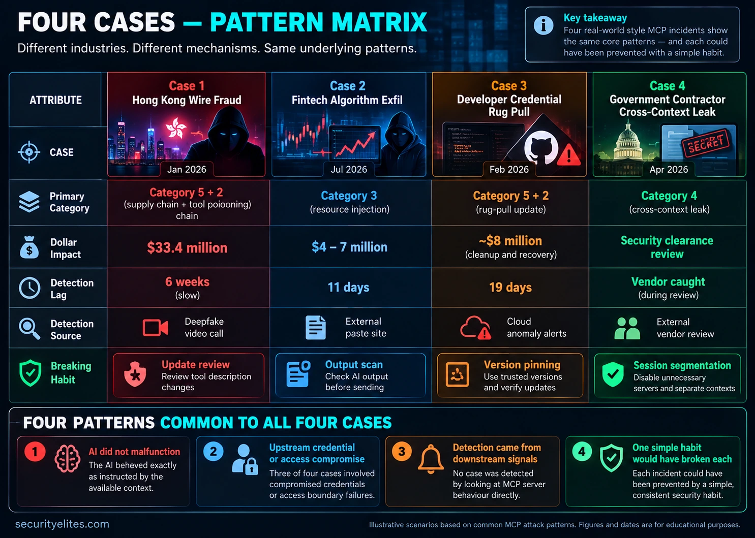 MCP Attacks 2026 – Four Case Studies Pattern Matrix MCP attacks 2026 pattern matrix comparing four cybersecurity case studies, attack categories, financial impact, detection delays and defensive measures